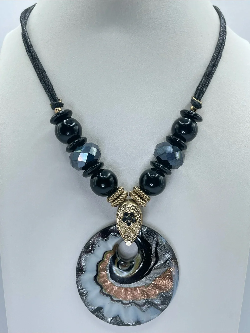 Gold Tone Black Glass Beaded Cord Necklace Murano Style Medallion Statement